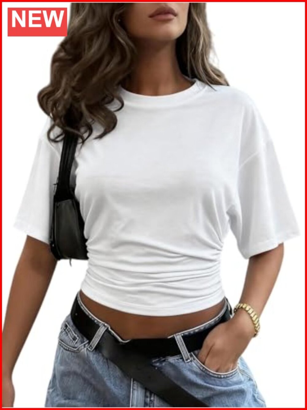 Womens Crop Top Half Sleeve Ruched Cinched Waist Y2K Summer Tee